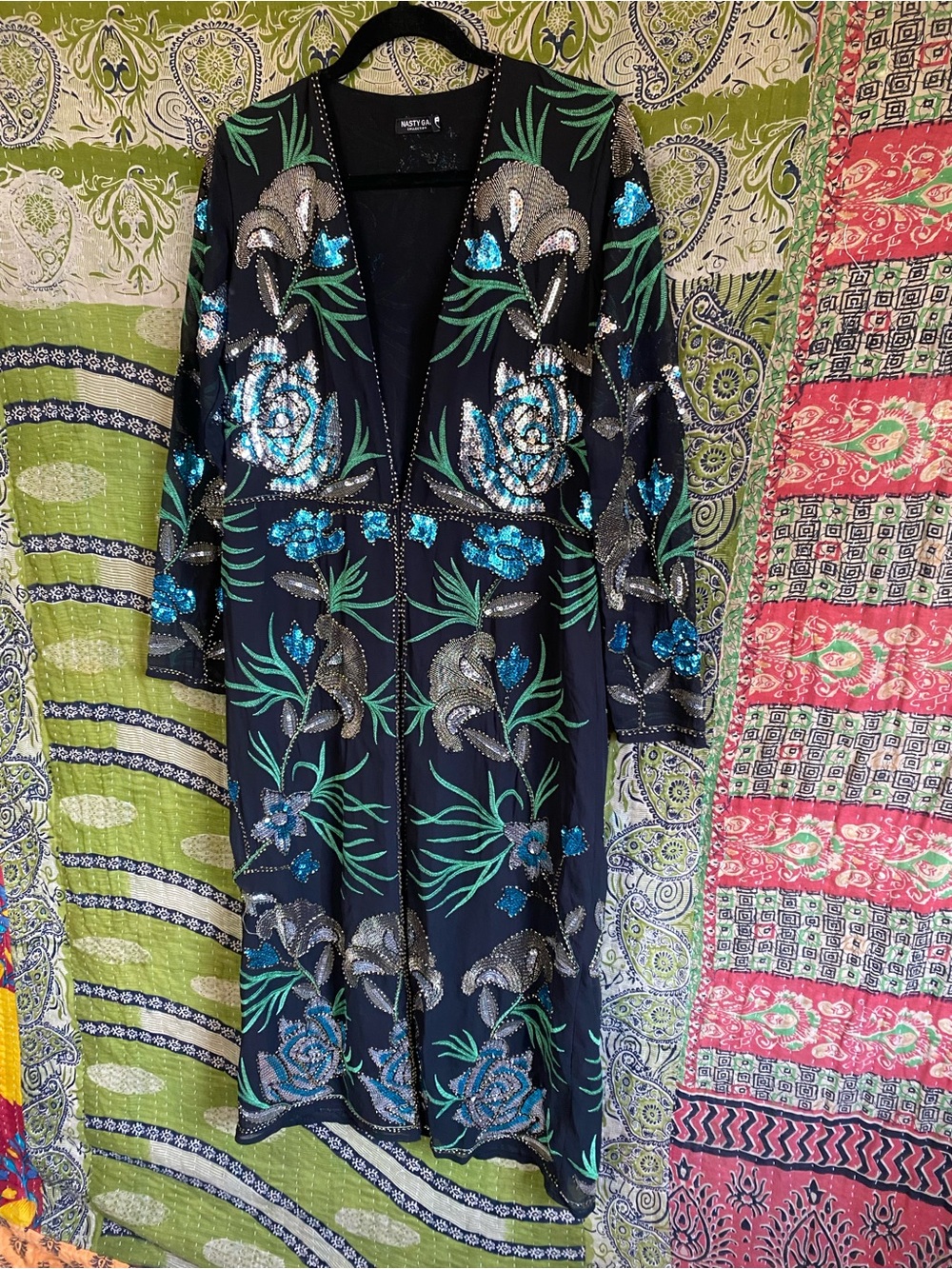 Rare Nasty Gal Black Embellished Sequin Floral Longline Kimoo Duster Small Edgy - Picture 3 of 15